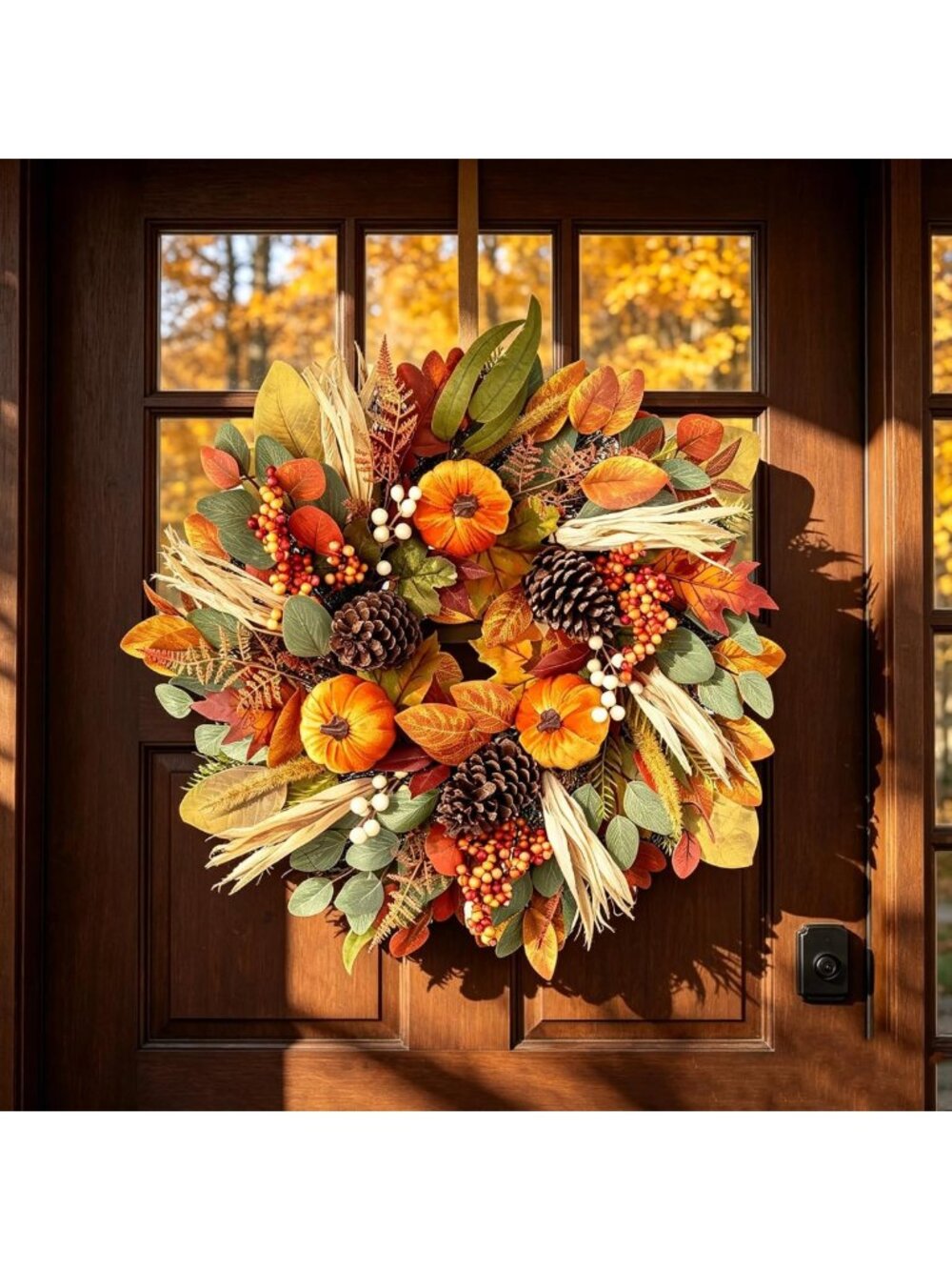 Large 26-Inch Fall Wreath with Pumpkins, Pinecones & Berries - Autumn Door Decor